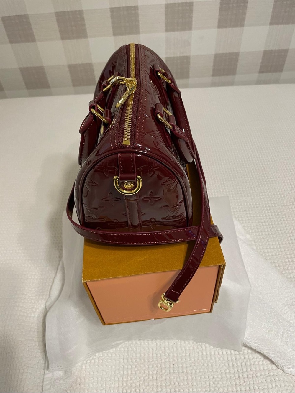 Patent Burgundy Dome Satchel Bag with Gold Hardware